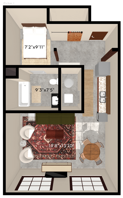 Floor plan for studio, 1 bath, 695 sqft